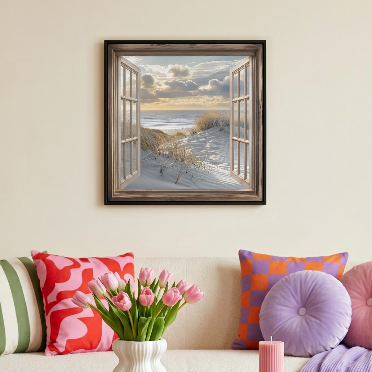 LEINWAND Bilder mit Rahmen - Ausblick - Strand - Dünen - Meer - Natur - 50x50 - Sandfarben, Textil (50/50cm) - MuchoWow