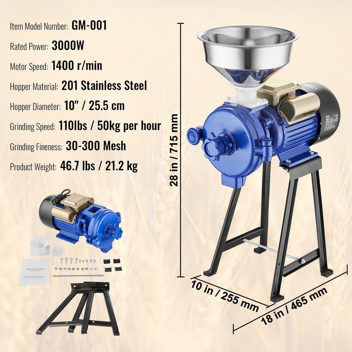 GETREIDEMUHLE Elektrische 3000W, gewerbliche Maismühle - Silberfarben, Metall (32/33.02/75cm) - Rolipo