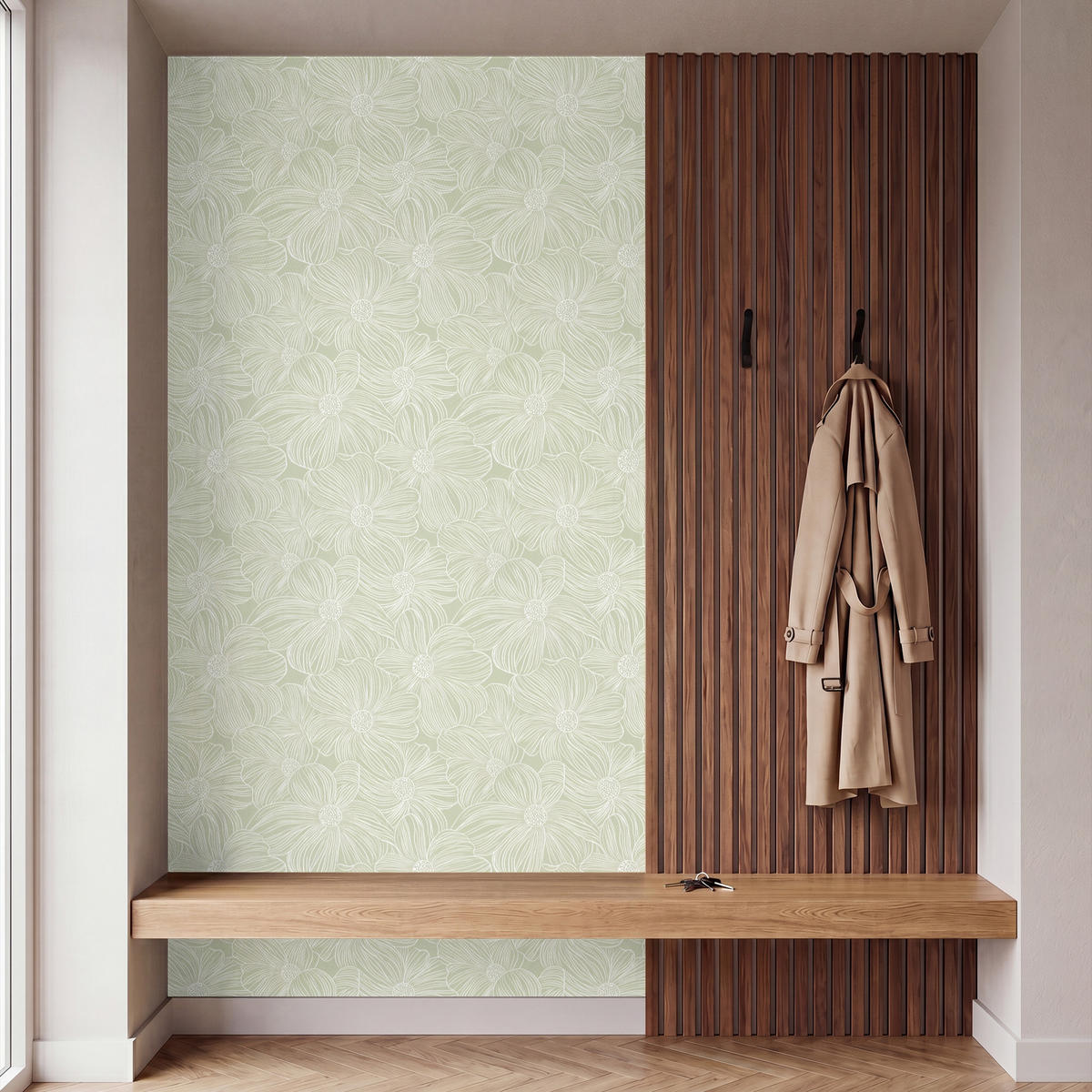 TAPETE - Gelassenheit - Blumen - Grün - 140x280 cm - Salbeigrün, Papier (140/280cm) - OnlyWow