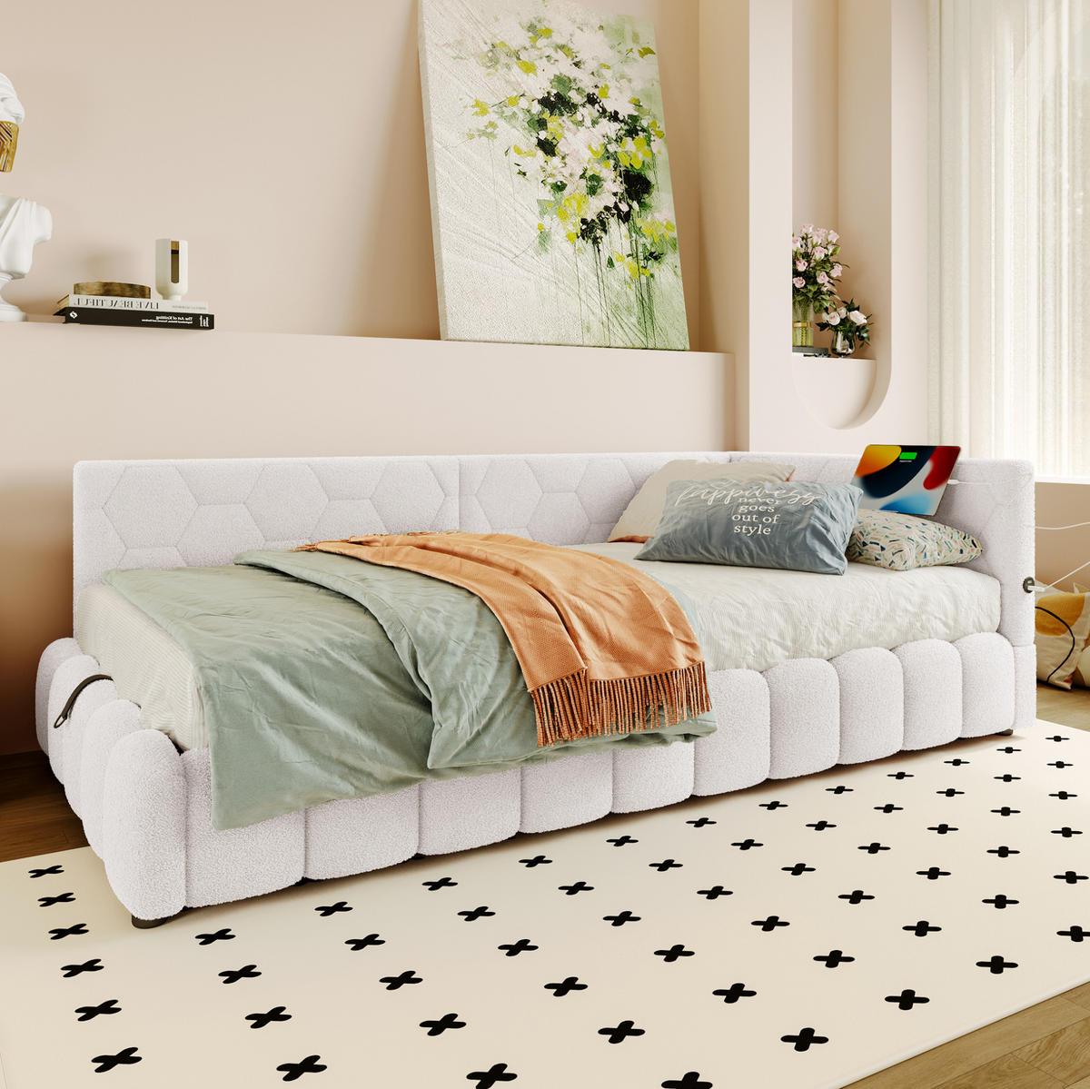POLSTERBETT 90/200 cm mit LED-Beleuchtung und USB-Anschluss Vliesimitat Weiß - Weiß, Textil (90/200cm) - OKWISH
