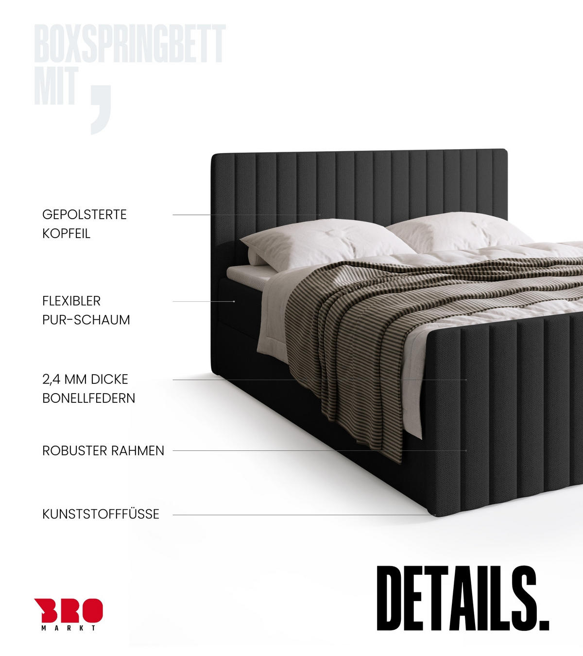 BOXSPRINGBETT Dream Duo mit Topper 140/200 Dunkelgrau - Dunkelgrau, Kunststoff (140/200cm) - Bromarkt
