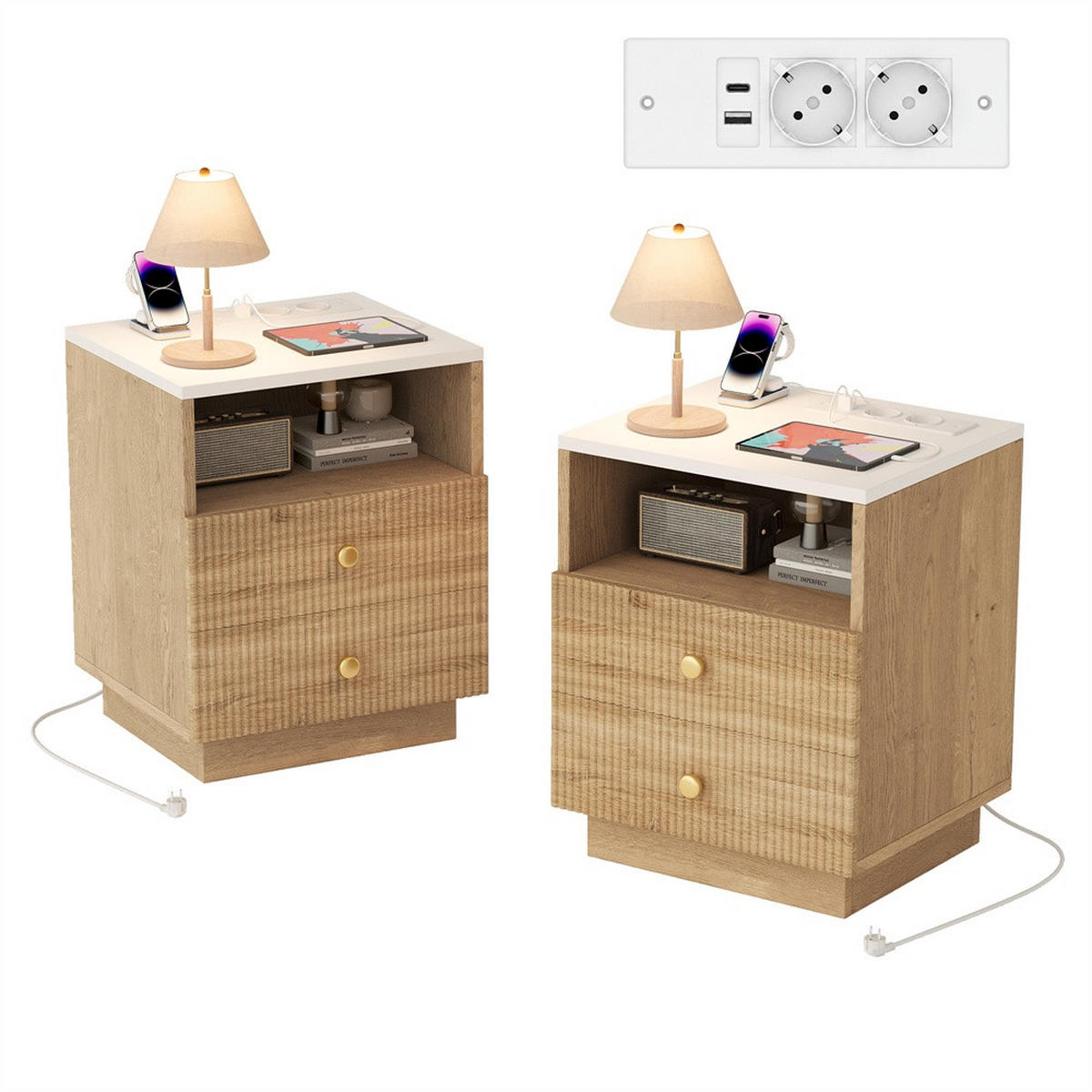 NACHTTISCH 2er Set - Nachtkonsole mit 2 Schubladen & Offenem Fach - 7-Farben-LED & Ladefunktion - Natur - Naturfarben, Holzwerkstoff (44/55/38cm) - DELFA
