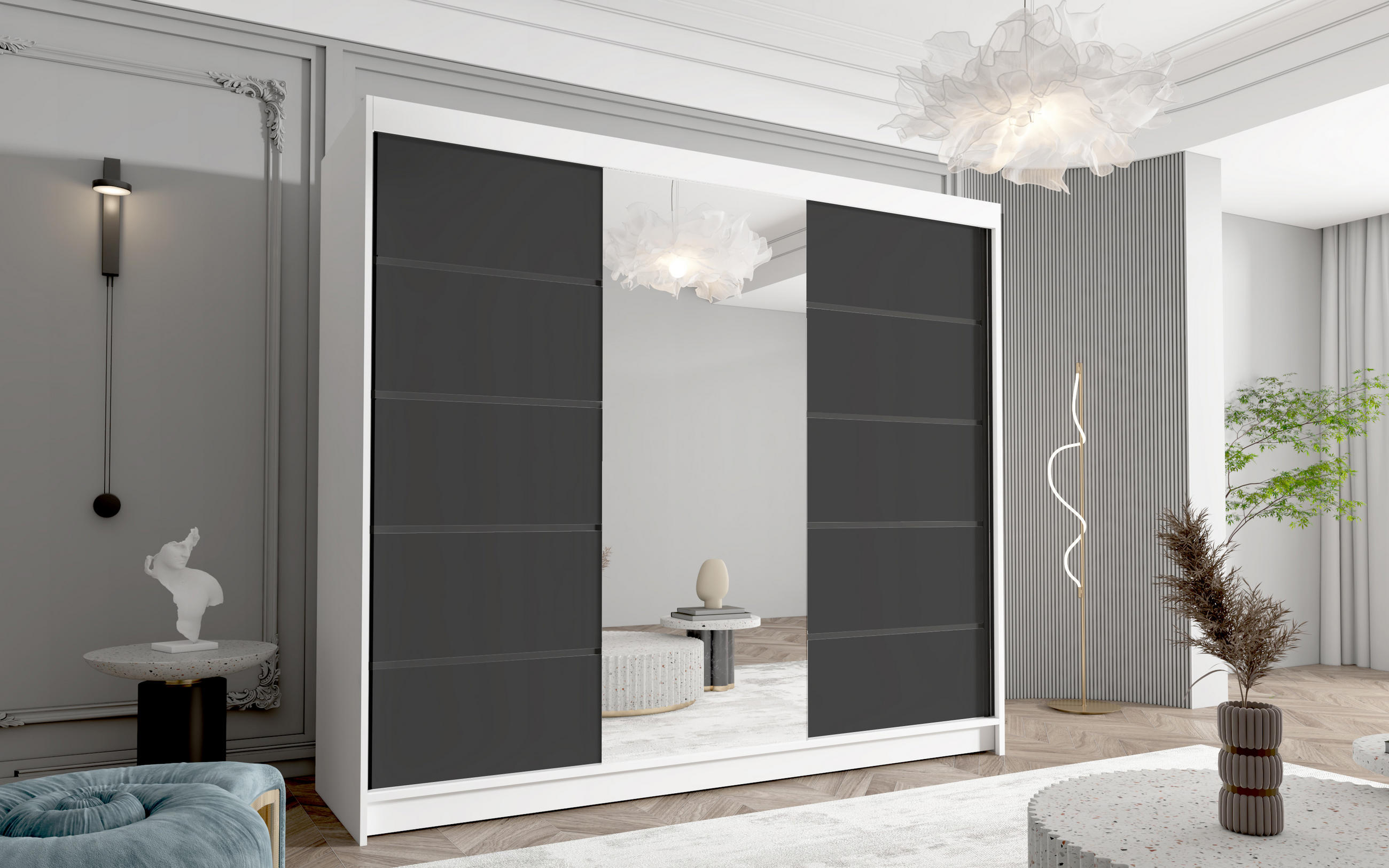 SCHWEBETÜRENSCHRANK Davos VI - 250 cm - Schwarz/Weiß, Holzwerkstoff/Metall (250/215/58cm) - Sofnet