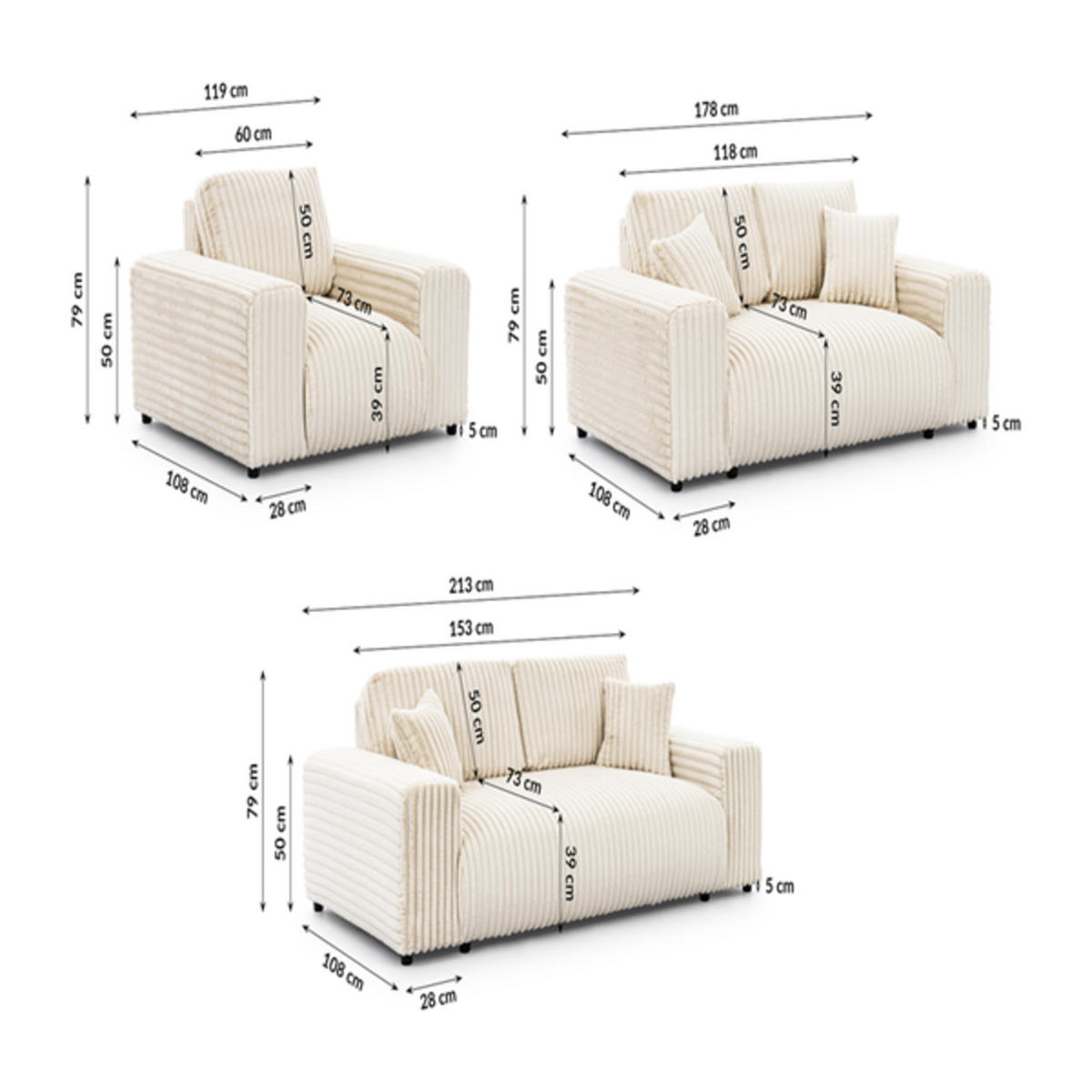 SITZGARNITUR 3+2+1 Mollis Hellbeige Plüschcord - Beige/Schwarz, Holz/Kunststoff (213/79/108cm) - S-Style Möbel