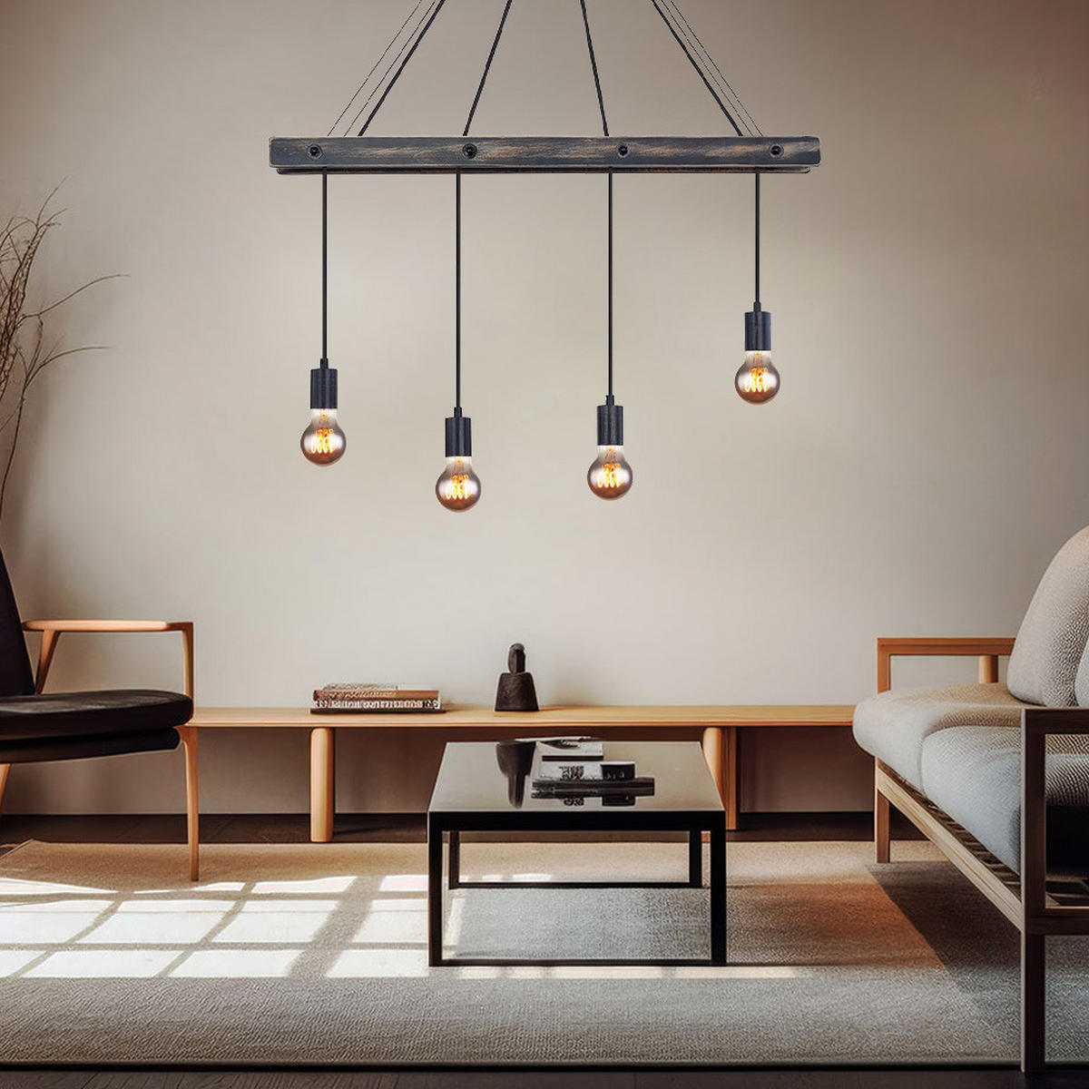 HÄNGELEUCHTE Metall Holz Schwarz matt - Schwarz, Holz (90/9/120cm) - Globo Lighting