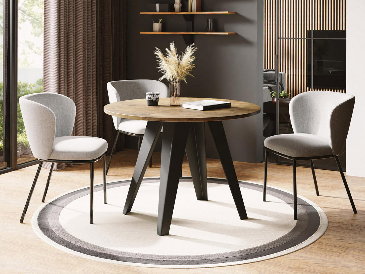 ESSTISCH Glory runder ausziehbarer, Lancelot Eiche 100-140/100/76 cm - Eichefarben/Schwarz, Holzwerkstoff/Metall (100/140/76cm) - WFL GROUP