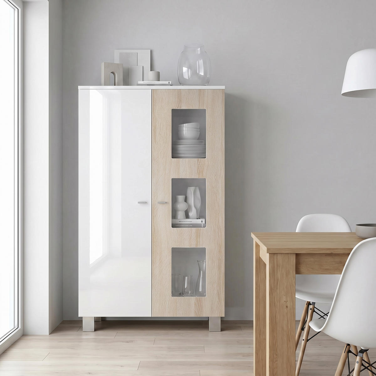 VITRINE Denjo Tür in Eiche sägerau - Eiche San Remo, Holzwerkstoff (71/129/35cm) - Vladon