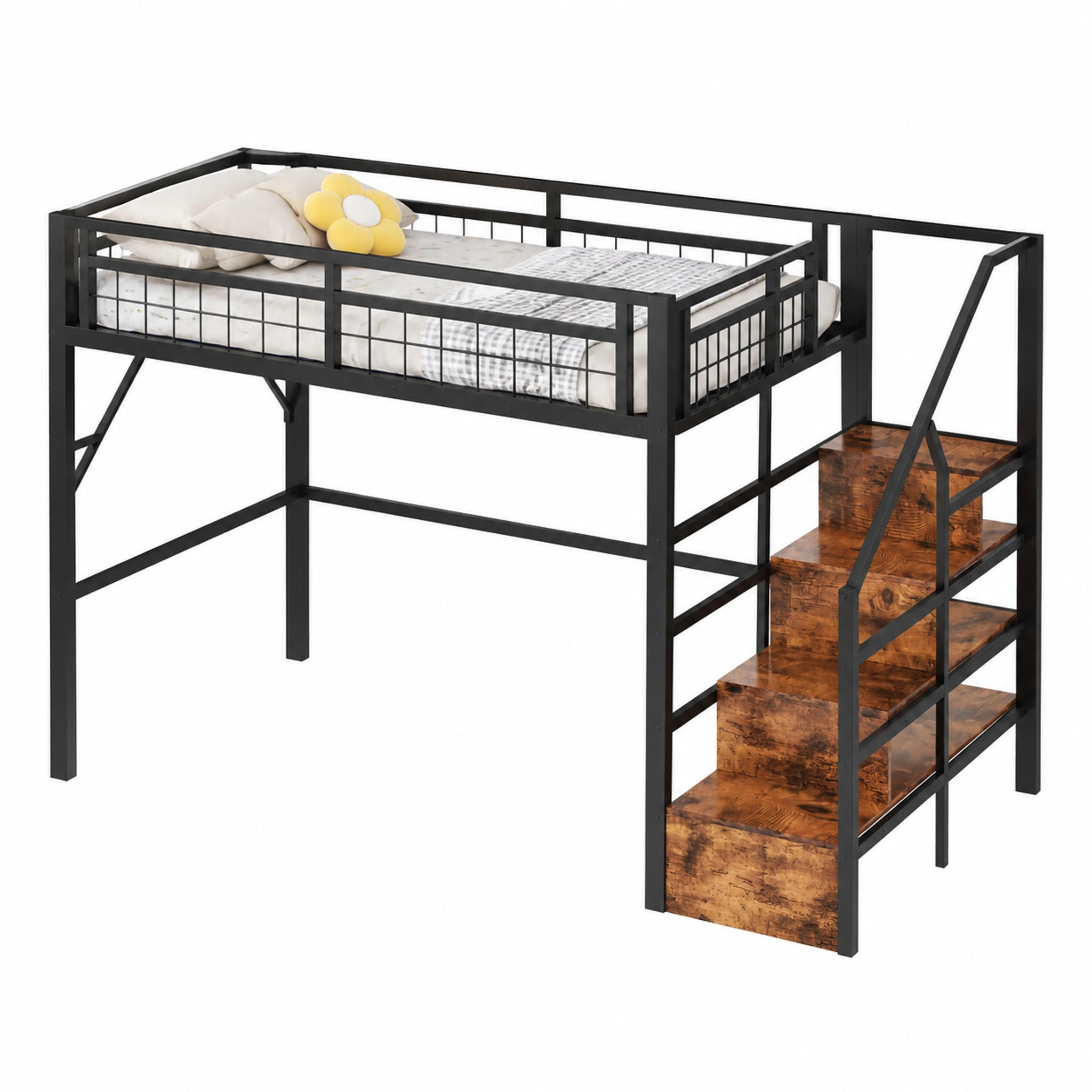 HOCHBETT mit LED und Stauraumtreppe 140x200 cm Metall Schwarz - Schwarz, Metall (140/200cm) - Meubliv
