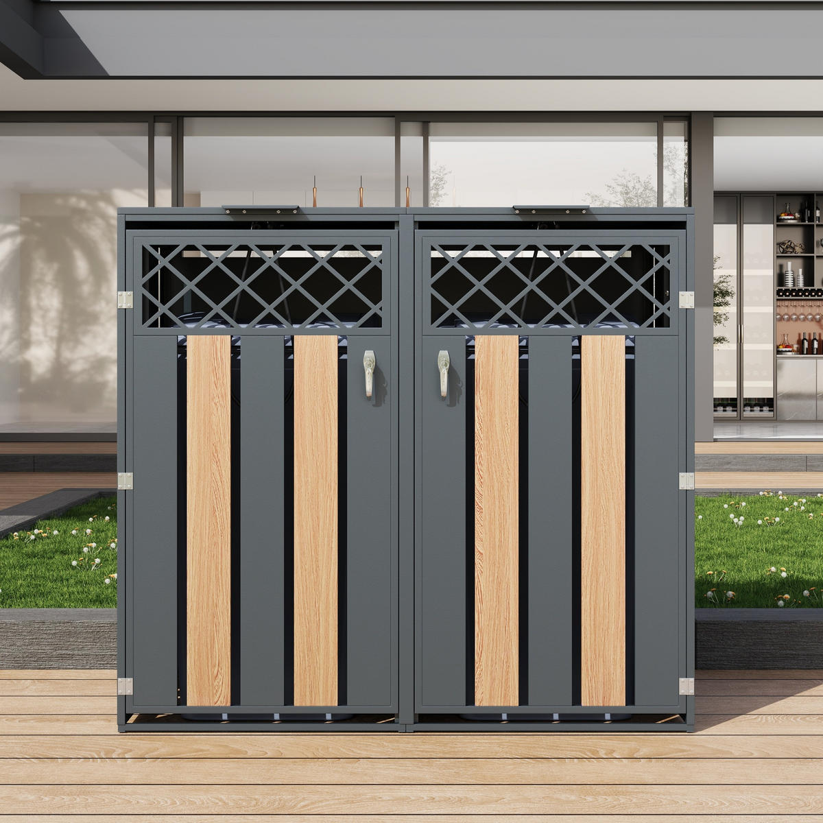 MÜLLTONNENBOX Klappdeckel 2 Türen Lüftung - Grau, Metall (132/118.5/80cm) - LEBENLANG