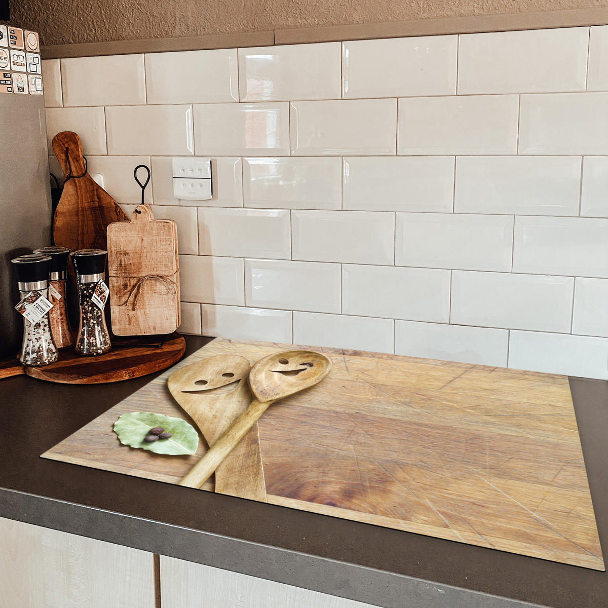 HERDABDECKPLATTE Holz - Löffel - Braun - Smiley Herdabdeckung Induktionsfeld 75x52 cm - Hellbraun, Kunststoff (75/52/0.2cm) - MuchoWow