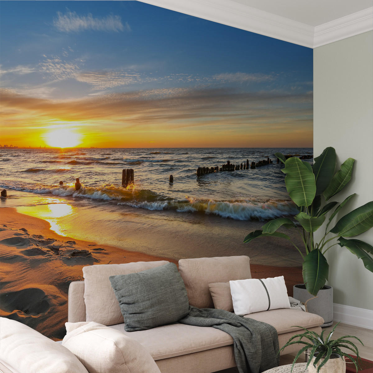 FOTOTAPETE Strand Meer Sonnenuntergang Landschaft 3D 460x300cm - Blau/Beige, Papier (460/300cm) - Muralo