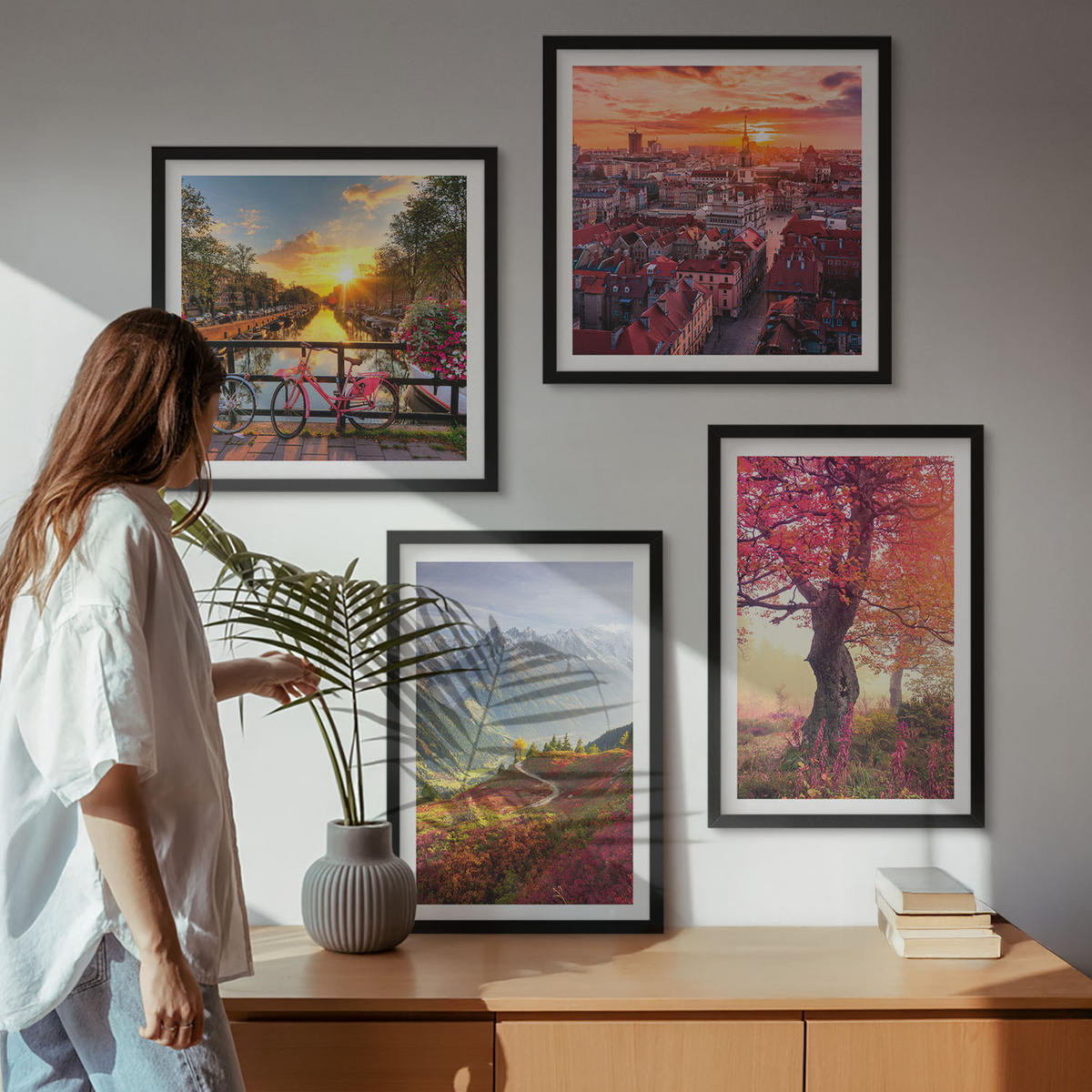 BILDER SET 4er Set - 50x50 cm & 40x60 cm Schwarzer Rahmen - Berglandschaften mit dem Fahrrad - Schwarz, Kunststoff (50/50cm) - TULUP