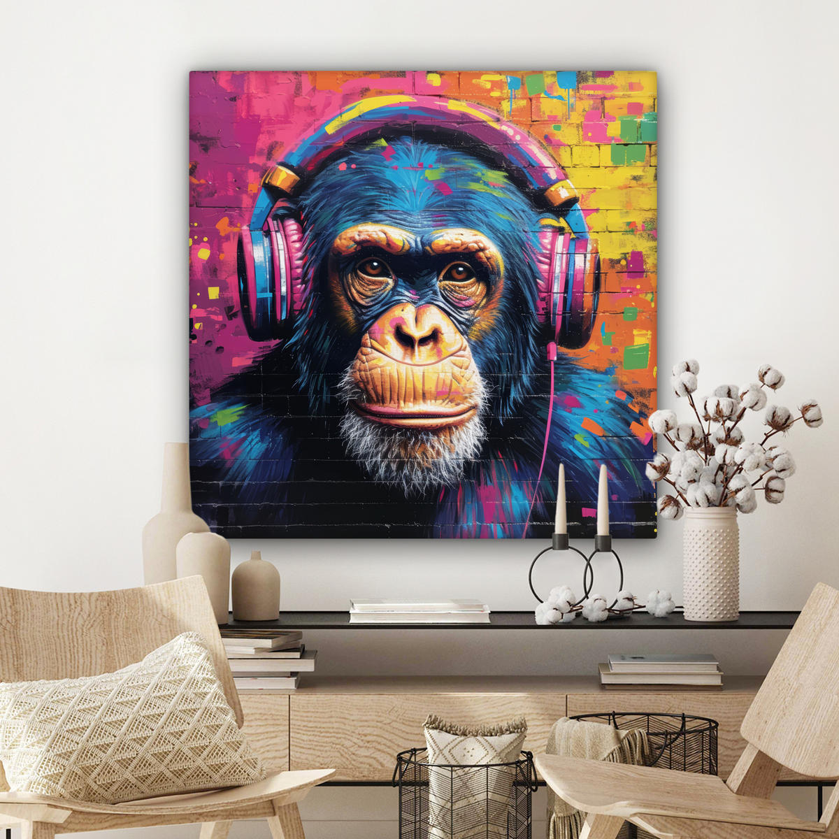 LEINWANDBILD Graffiti - Schimpanse - Straßenkunst - Kopfhörer - Affe Deko Groß 90x90 cm - Blau, Textil (90/90cm) - MuchoWow