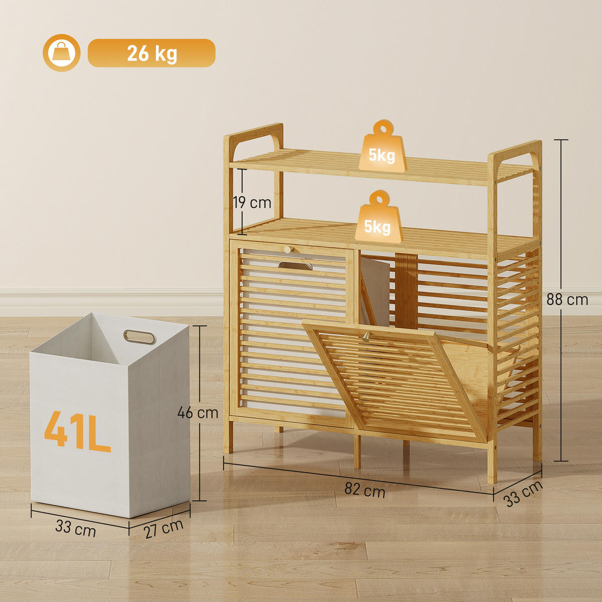 WÄSCHEKORB Bambus Polyester Naturholz - Naturfarben, Holz/Textil (33/88/82cm) - HOMCOM