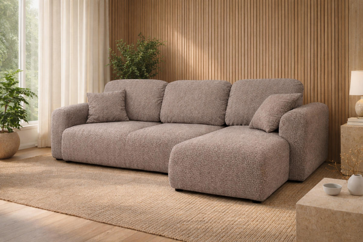 ECKSOFA Mit Schlaffunktion Und Bettkasten, Sofa L-Form Bingo L, Chenille-Stoff Artico, Beige, Rechts - Beige, Holz (250/142cm) - Kaiser Möbel