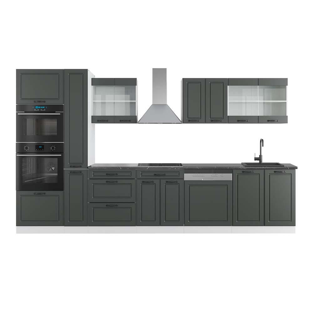 KÜCHENZEILE R-Line Anthrazit Landhaus/Weiß 350 cm mit Hochschrank, AP Anthrazit - Anthrazit/Weiß, Holzwerkstoff (350/81.6/60cm) - Vicco