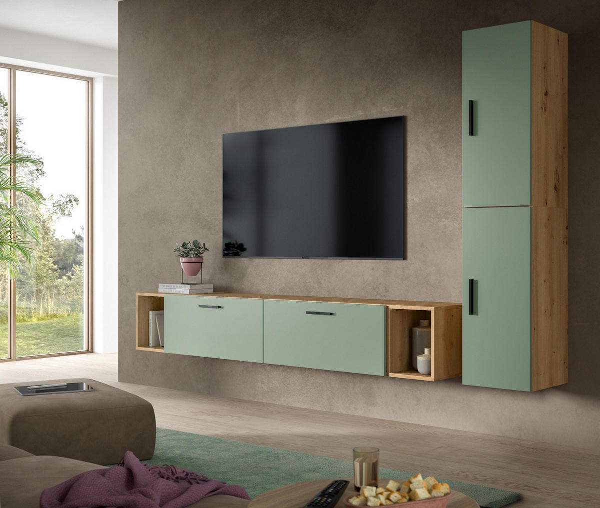 TV-LOWBOARD Grün, Eiche Artisan 176 cm, Fernsehtisch hängend / stehend - Schwarz/Eiche Artisan, Holzwerkstoff/Kunststoff (176/67/34cm) - Inn.Furn