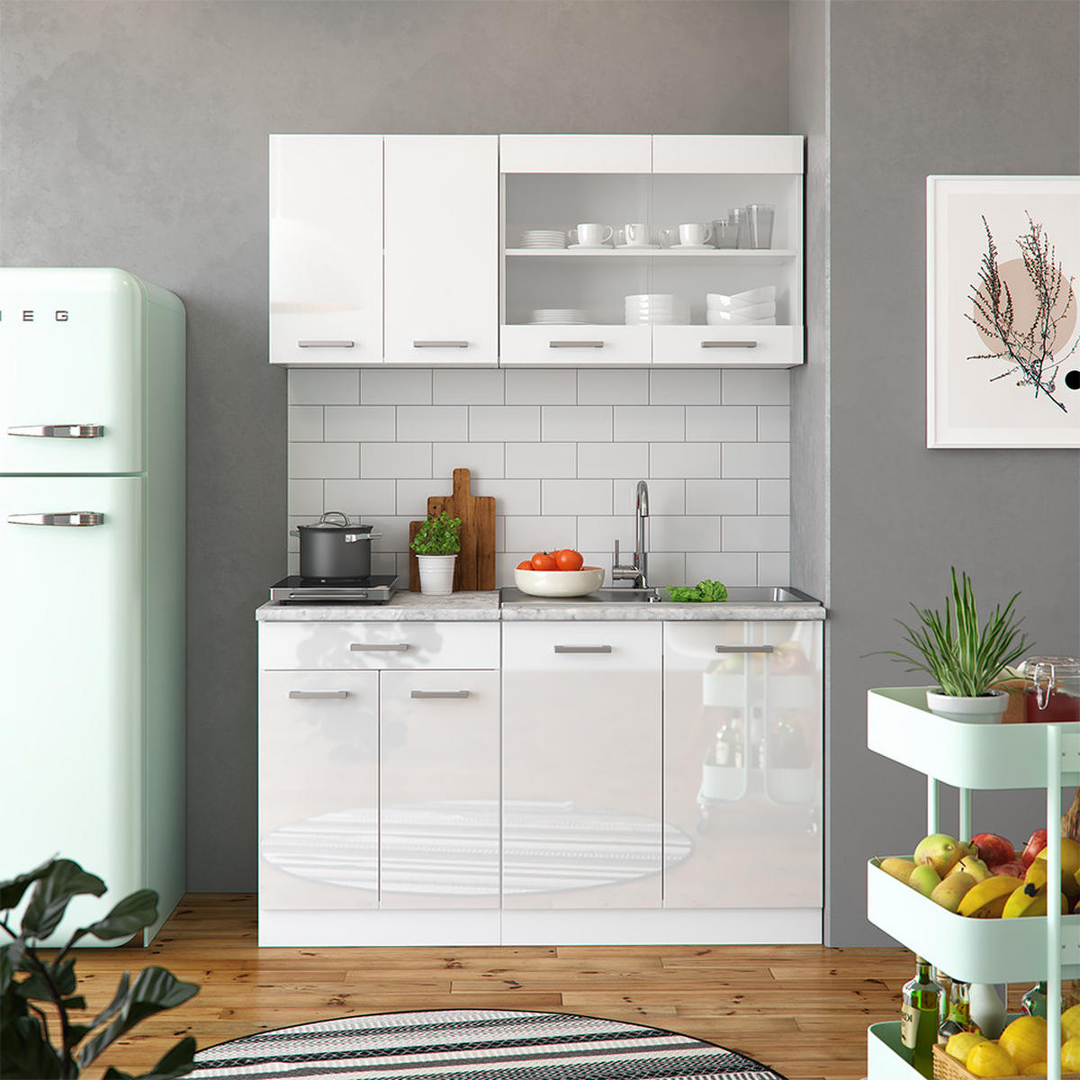 KÜCHENZEILE R-Line Weiß Hochglanz/Weiß 140 cm, AP Eiche - Weiß Hochglanz/Weiß, Holzwerkstoff (140/81.6/60cm) - Vicco