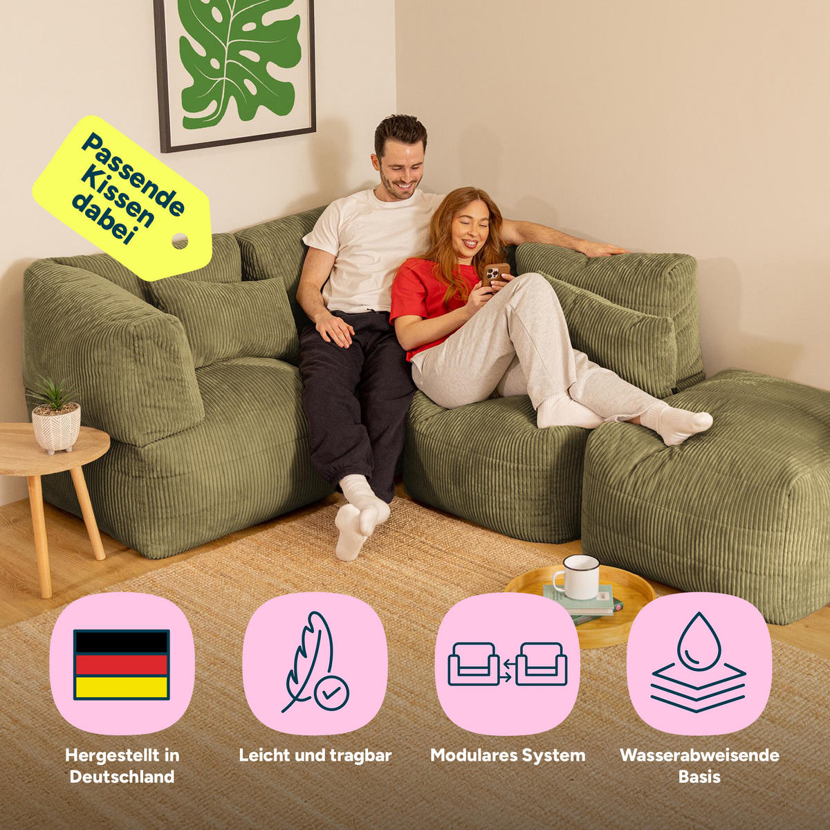 SITZSACK-SOFA 4-tlg. modular cord Noa - Salbeigrün, Textil (306/70/78cm) - icon