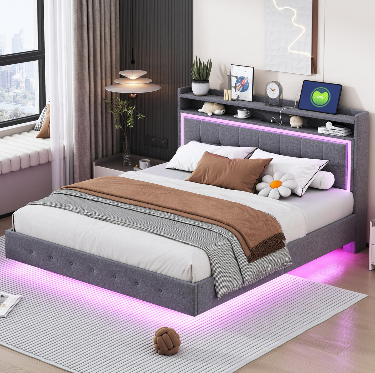 POLSTERBETT 160/200 cm Grau mit USB-Steckdose und LED-Beleuchtung - Grau, Textil (160/200cm) - OKWISH
