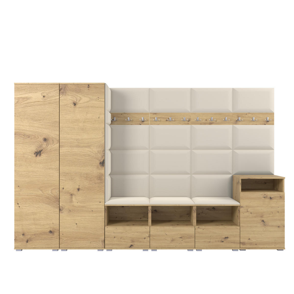 GARDEROBE NELA XII 300 cm (Modulare Flurmöbel Artisan Eiche mit Sitzpolster Creme 01 Gigantisches Set) - Silberfarben/Creme, Holz/Holzwerkstoff (300/187/40cm) - Ravio
