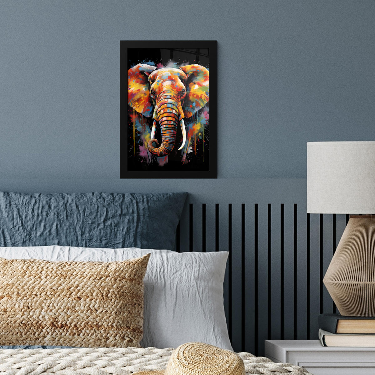 GERAHMTES BILD Elefant - Graffiti - Schwarz - Tiere - Farben 20x30 cm - Schwarz, Papier (20/30cm) - MuchoWow