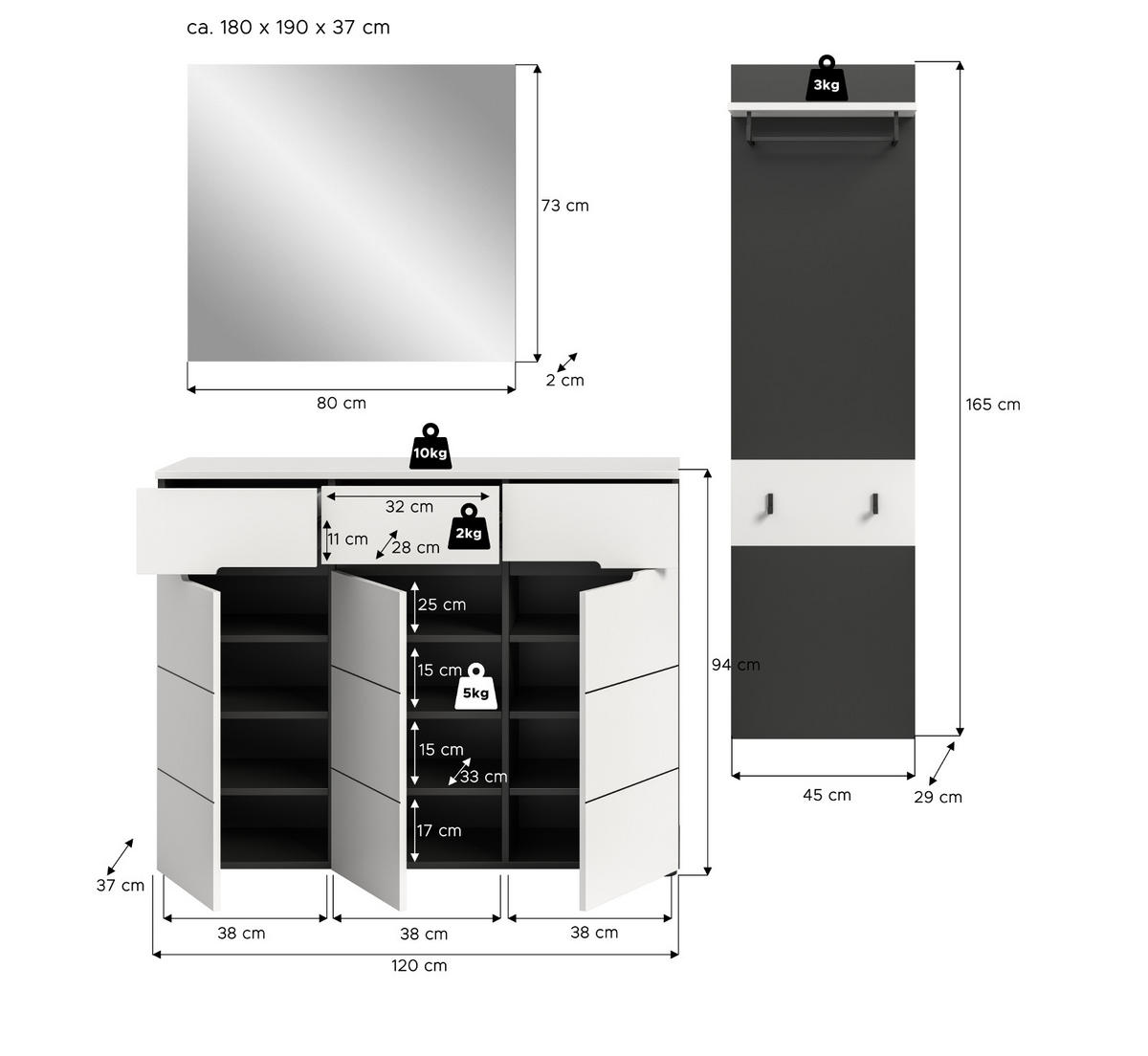 GARDEROBEN-SET 3-teilig in weiß, grau 180 cm, Kombination mit Soft-Close, Cooper - Schwarz/Weiß, Glas/Holzwerkstoff (180/190/37cm) - Inn.Furn