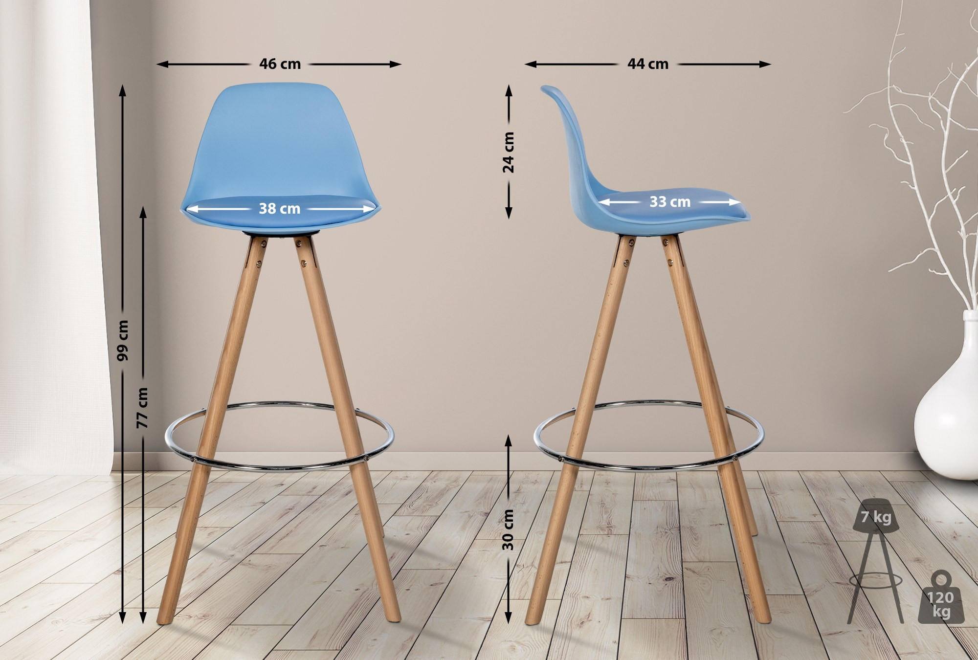 BARHOCKER PALMA Blau Kunstleder Braun - Blau, Leder/Holz (38/99/44cm) - DELUKE