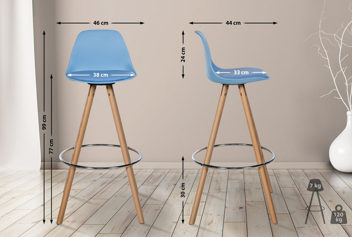 BARHOCKER Lederlook blau - Blau/Eukalyptusholzfarben, Holz/Textil (38/99/44cm) - CLP