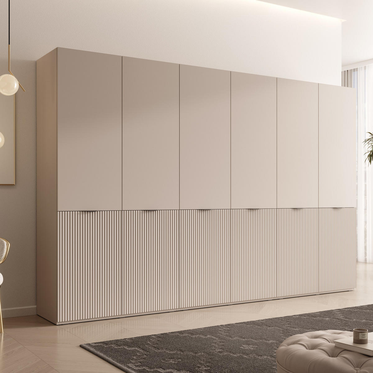 KLEIDERSCHRANK ZEN (Modular, Cashmere Matt, Rillenfront, 6-türig) - Kaschmir/Schwarz, Holz/Holzwerkstoff (303/200/51cm) - Ravio