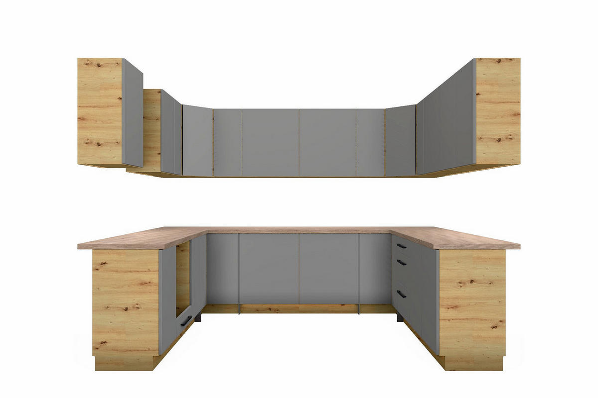 U-KÜCHE Nexa Grau & Artisan-Eiche – 300 × 240 × 240 cm – KÜ-NEXA-001 - Grau, Holzwerkstoff (300/212/240cm) - ROYAL24_MARKT