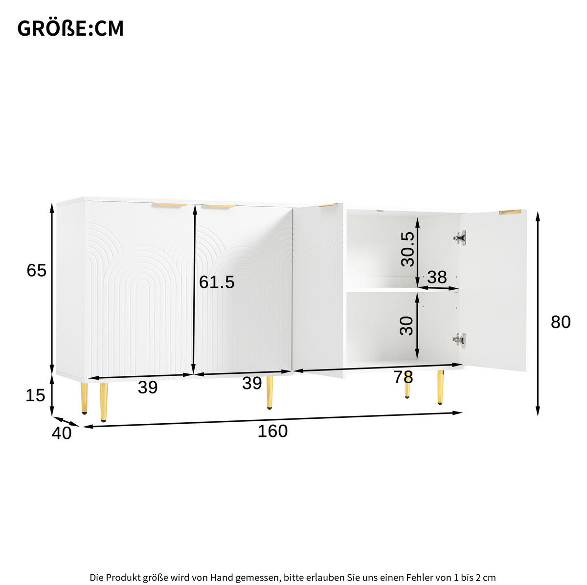 SIDEBOARD 160/80/40 cm Weiß aus MDF und Spanplatte mit Soft-Close-Scharniere - Weiß, Holzwerkstoff (40/80/160cm) - OKMYHOME