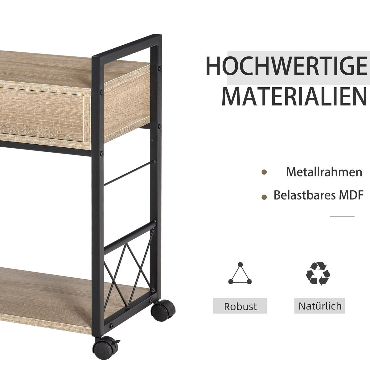 BEISTELLTISCH Servierwagen mit Schublade Ablage Küchenwagen Sideboard Natur - Eichefarben, Kunststoff (60/30/65cm) - HOMCOM