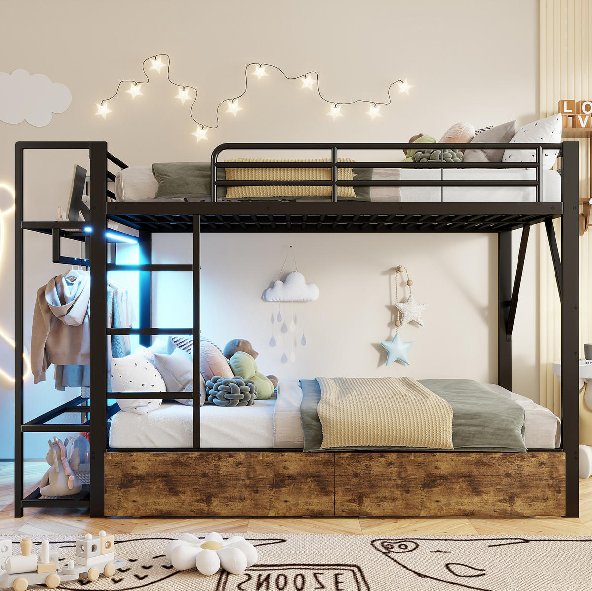 ETAGENBETT 140/200 cm Schwarz mit LED und Schubladen - Schwarz, Metall (140/200cm) - MIVRAY