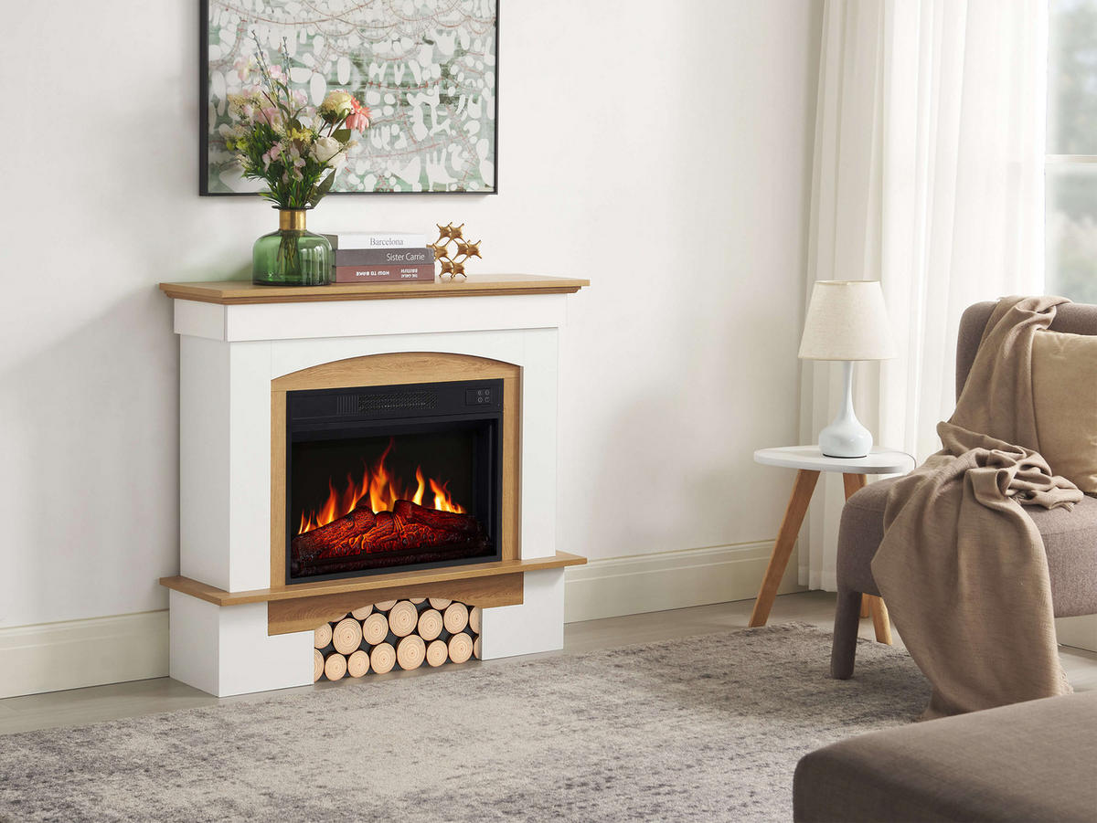 ELEKTROKAMIN Woodley AF23S Weiß Eiche Natur – Breite 107 cm, 3D-Flammeneffekt, LED-Beleuchtung, Heizfunktion - Weiß, Glas/Holzwerkstoff (98.5/90/30cm) - ArtiFlame