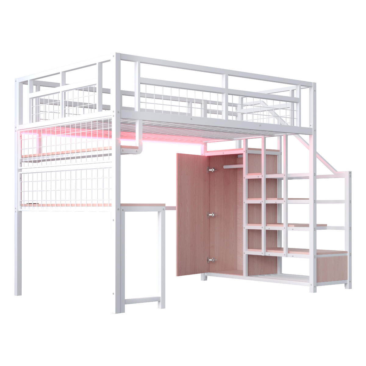 HOCHBETT 140/200 cm in Weiß mit Stauraumtreppe, Kleiderschrank, Tisch und Regal - Weiß, Holzwerkstoff/Metall (140/200cm) - WISHDOR