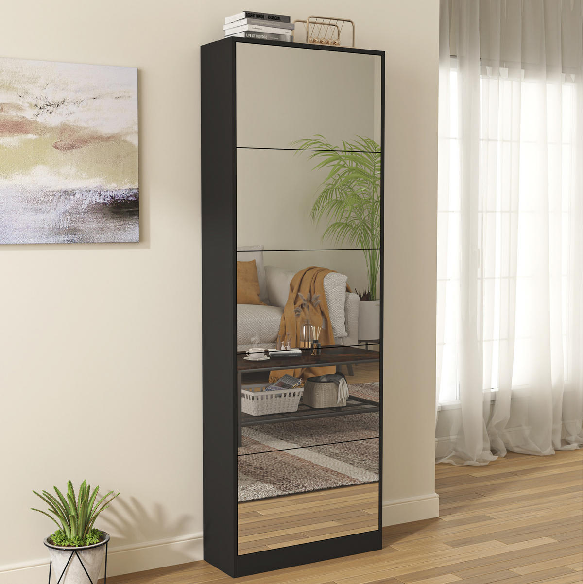 SCHUHSCHRANK aus MDF 24x63x185 cm Schwarz mit Spiegel, 5 Klappen und doppellagiger Schuhaufbewahrung - Schwarz, Holzwerkstoff (63/185/24cm) - Modfu