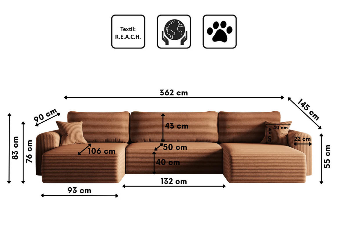 ECKSOFA Mit Schlaffunktion Und Bettkasten U-form CAPRI Poso Kupfer - Orange, Holz/Textil (145/362cm) - Kaiser Möbel