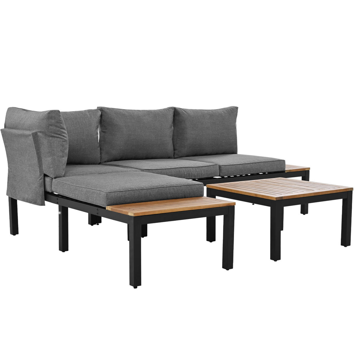 GARTEN-LOUNGE-SET, Stahlrahmen mit Akazie-Optik, 2/ Sofa 120/60/66 cm, Grau - Grau, Metall - Redom