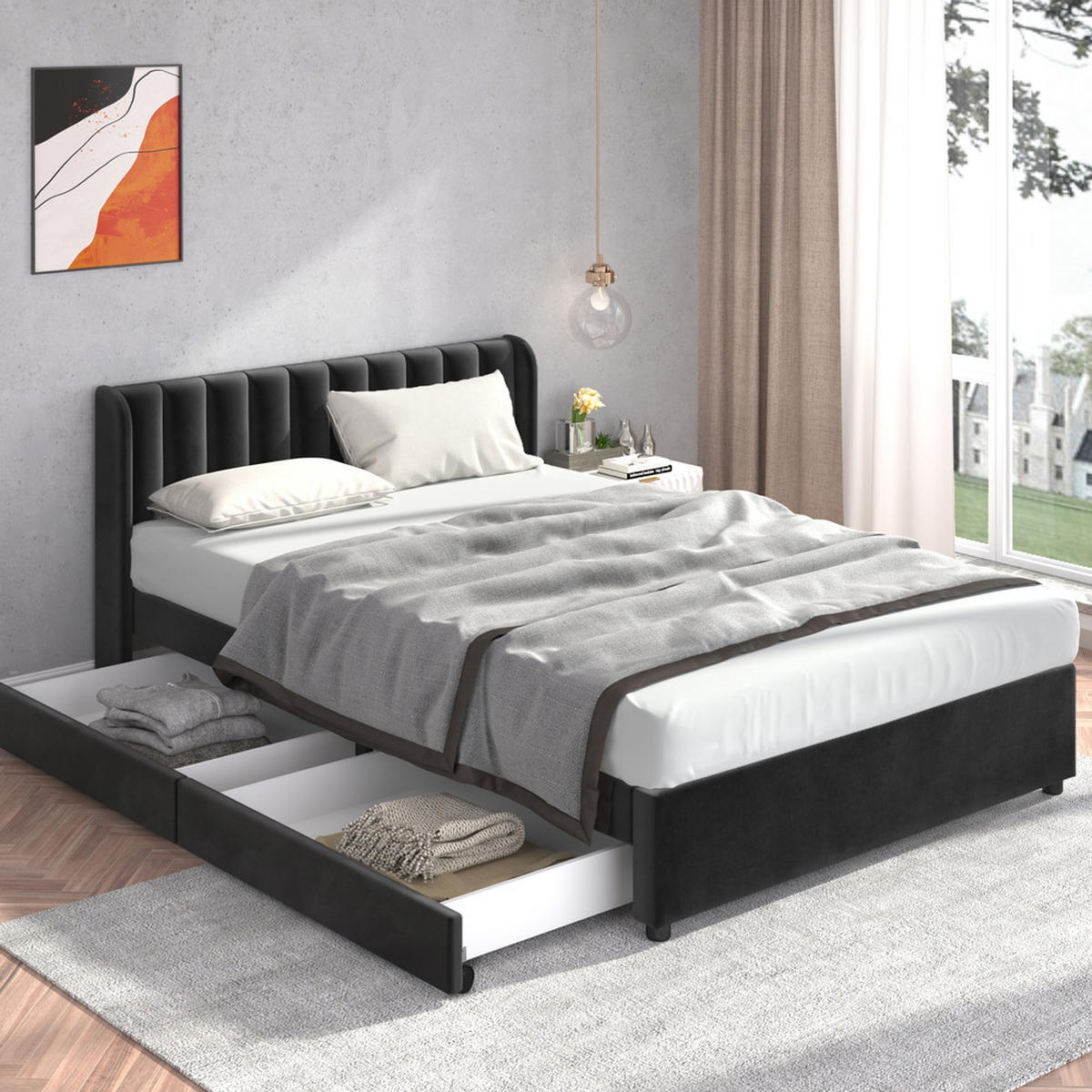 POLSTERBETT mit Schubladen Samt 140x200cm Schwarz Inklusive Lattenrost - Schwarz, Textil - Raelunyi