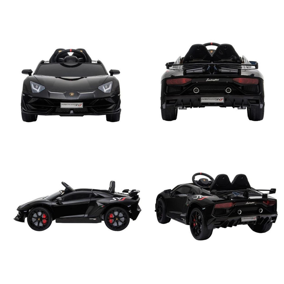 ELEKTROAUTO Lamborghini Aventador SVJ schwarz EVA-Reifen, Kunstledersitz, 2x 35 Watt Motoren, 12V 7Ah Akku, Radio - Schwarz, Kunststoff (123/66/45cm) - Es-Toys