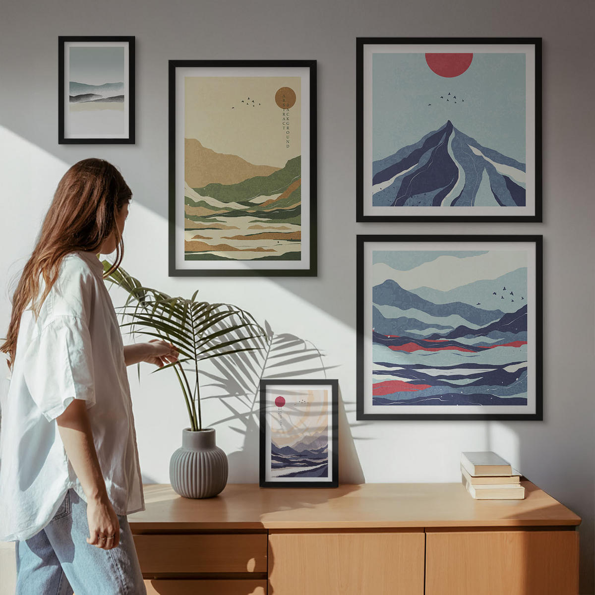 WANDBILDER 5er-Set - 50x50 cm & 20x30 cm & 40x60 cm Schwarzer Rahmen - Berge minimalistische Pastellfarben - Schwarz, Kunststoff (40/60cm) - ArtPrintCave