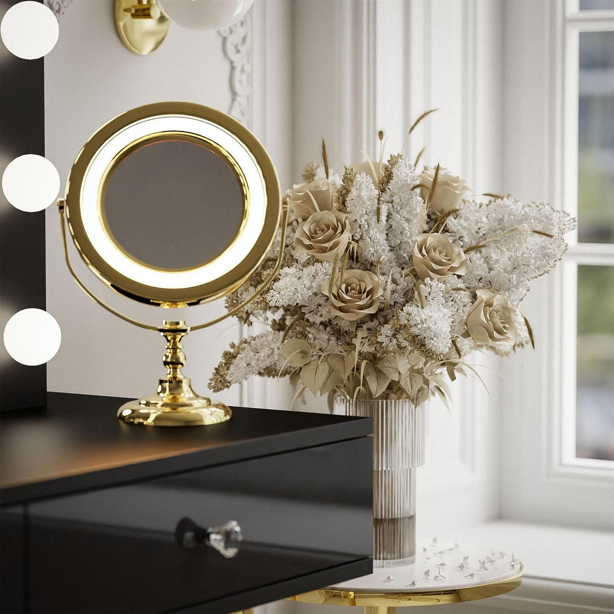 Schminktisch SIENNA GOLD mit Schubladen auf goldenen Beinen - Schwarz Hochglanz/Goldfarben, Holzwerkstoff (100/81/42cm)