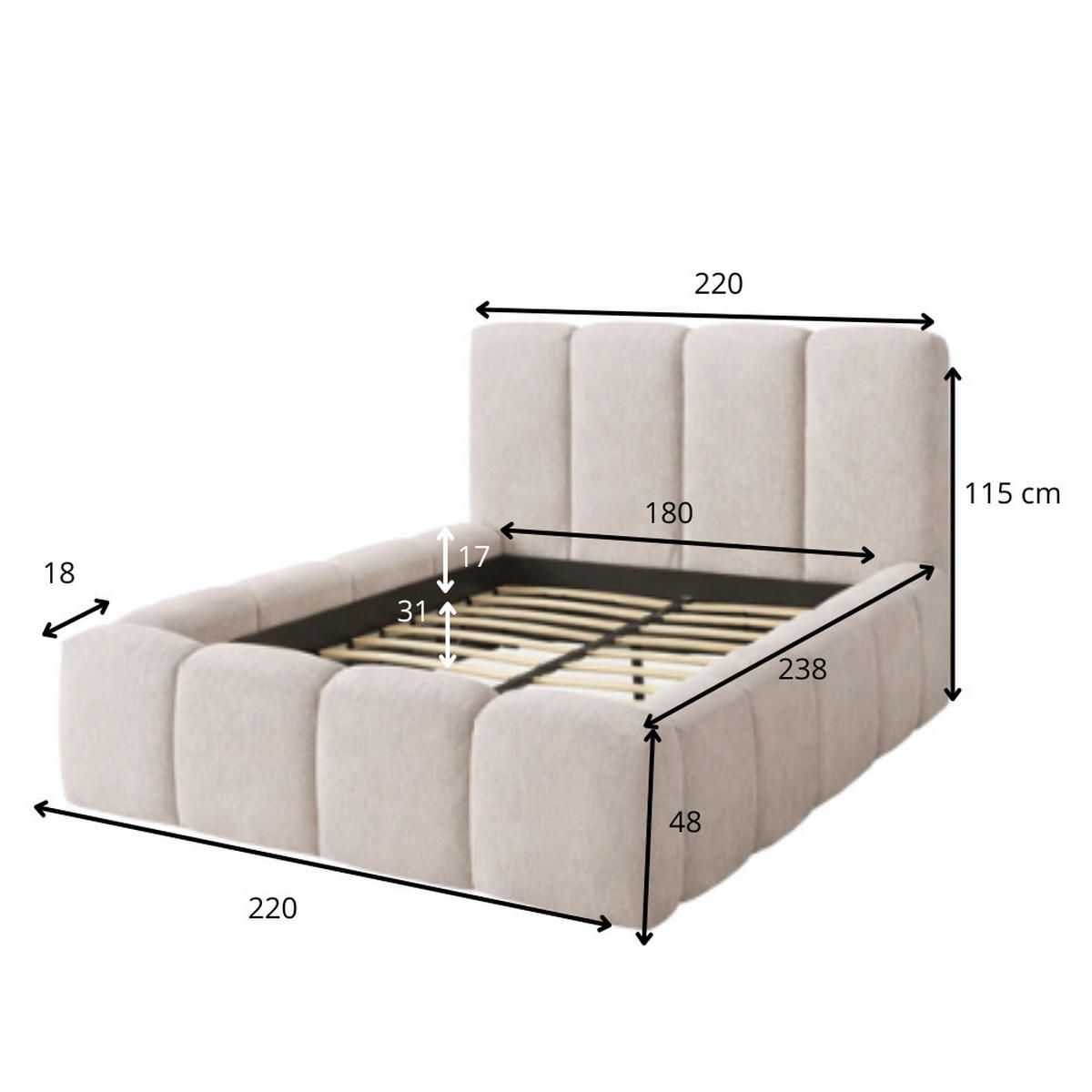 POLSTERBETT NOVERA – 180×200 cm - Mit Bettkasten Kaschmir Beige - Kaschmir/Beige, Holzwerkstoff (180/200cm) - Milaros Markt