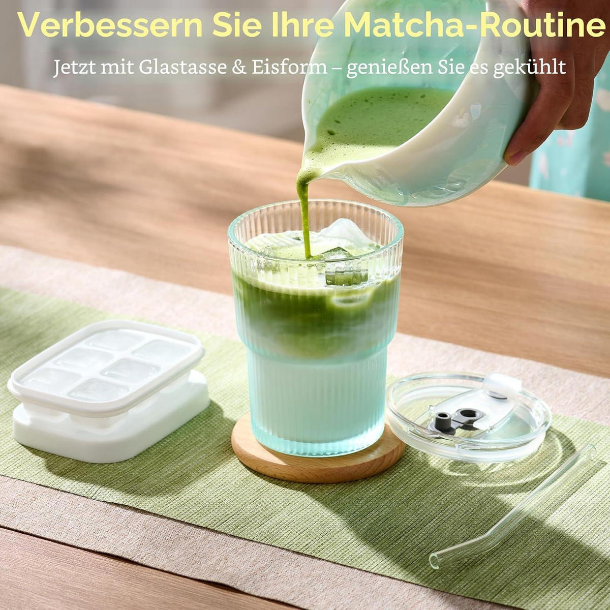 MATCHA Set 9-teilig Blau Kristallglasur Schale Bambusbesen & Halter Becher Eiswürfelform Löffel Sieb Teetuch - Multicolor, Keramik (15/10/20cm)