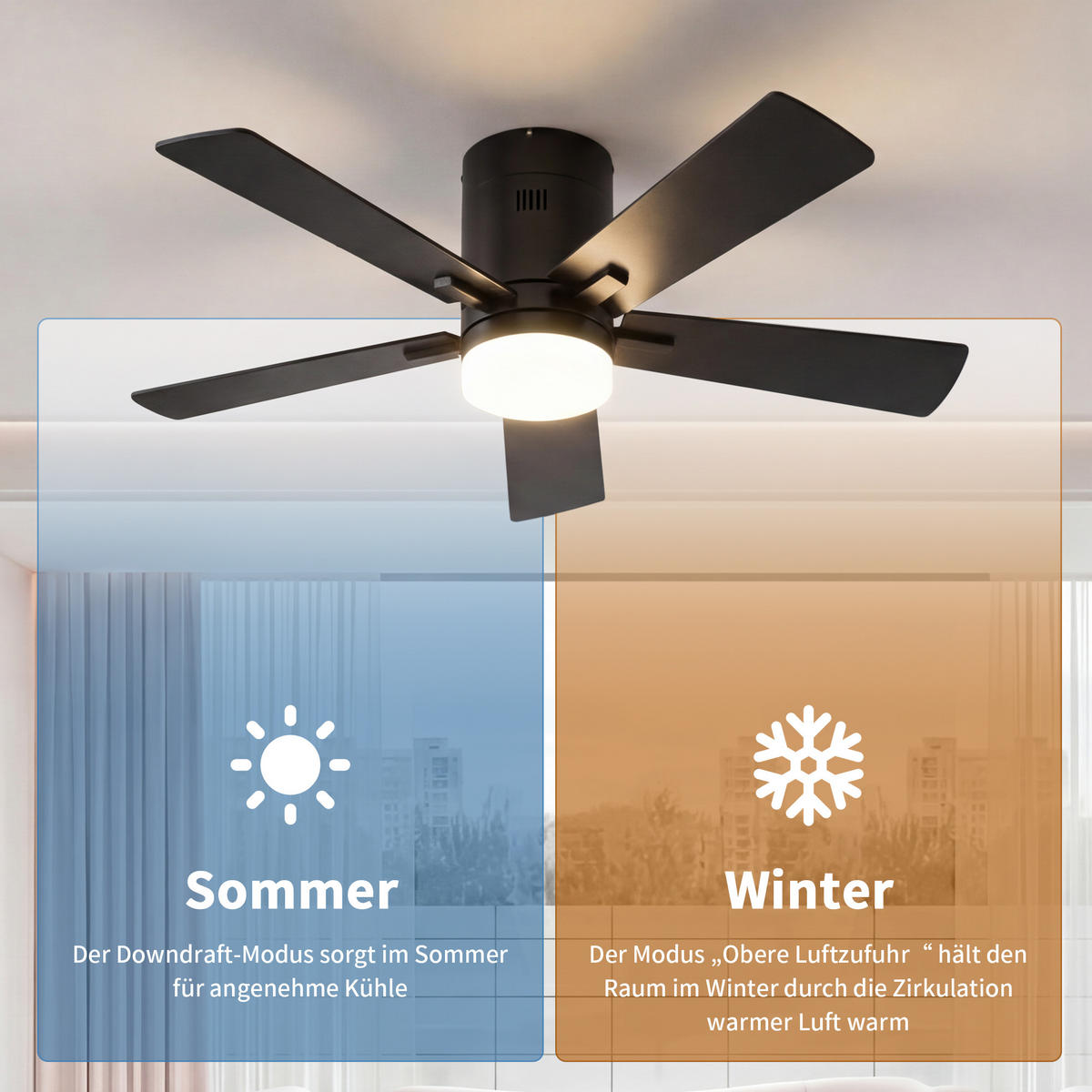 DECKENVENTILATOR mit LED-Licht, 106,6 cm, Schwarz, 6 Stufen & Timer - Schwarz, Metall (106.6/106.6/28cm) - EuroLiving