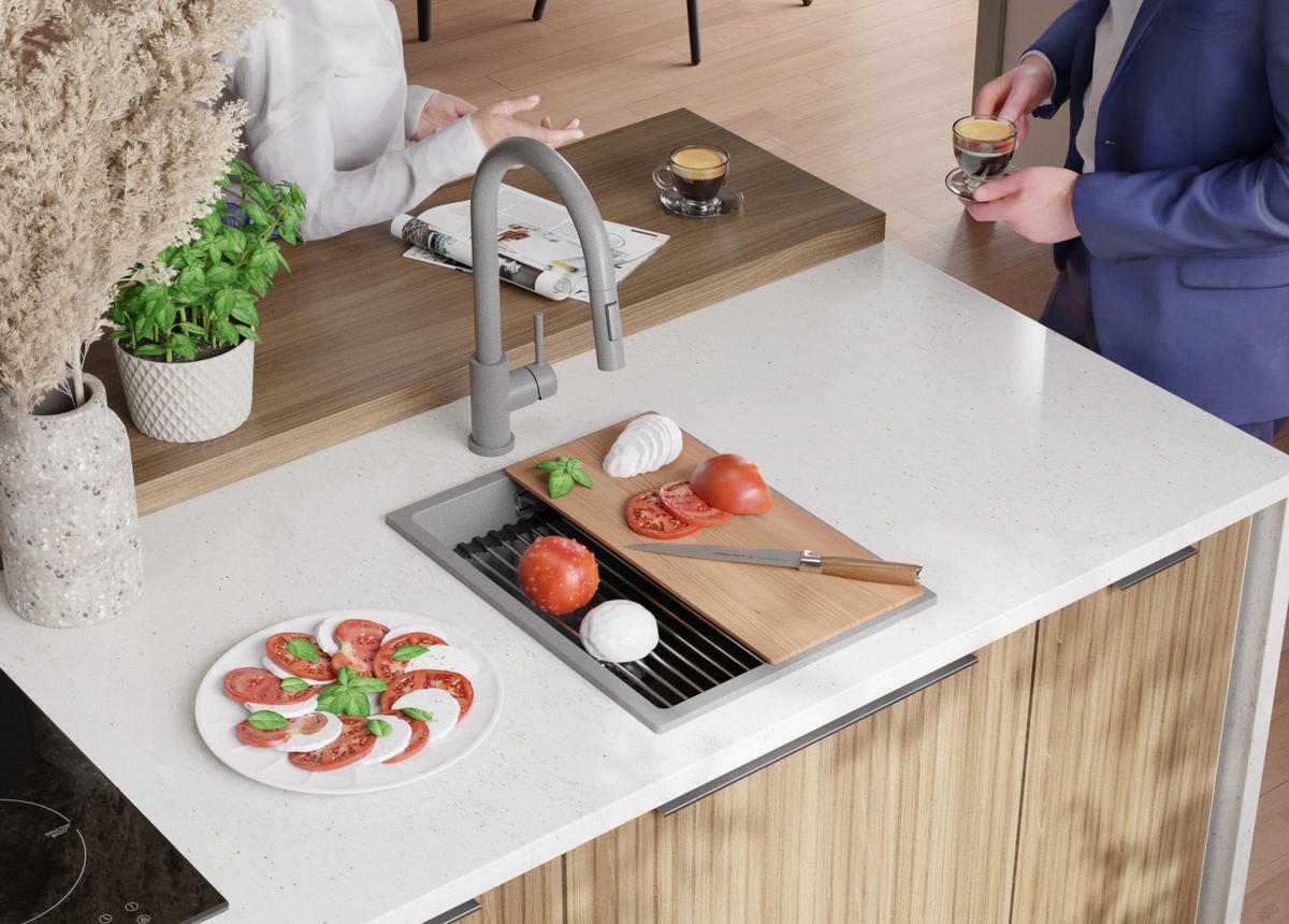 SPÜLBECKEN Praga Slim, 2-er set Grau 36/47 cm 1 Becken + Ablauf-Set + Aufrollbare Abtropffläche ab 40er Unterschrank - Chromfarben/Grau, Kunststoff (36/20/47cm) - Primagran