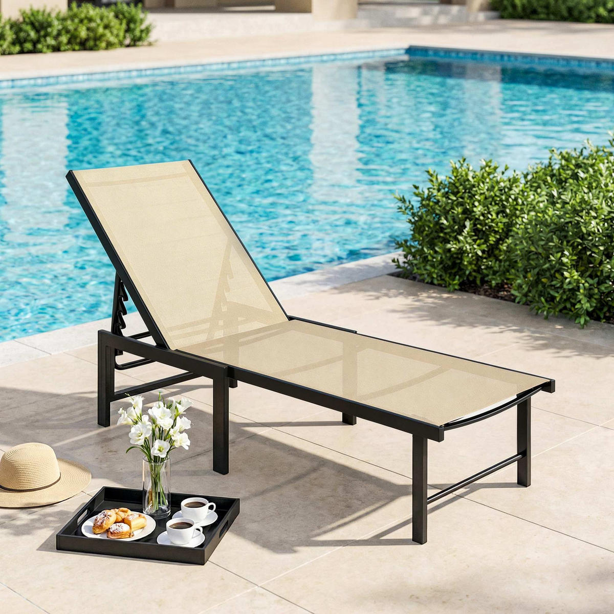 GARTENLIEGESTUHL, vierfach verstellbares Stahlgestell, klappbar, khakifarben - Cappuccino, Metall (60/84/166cm) - Vallsero