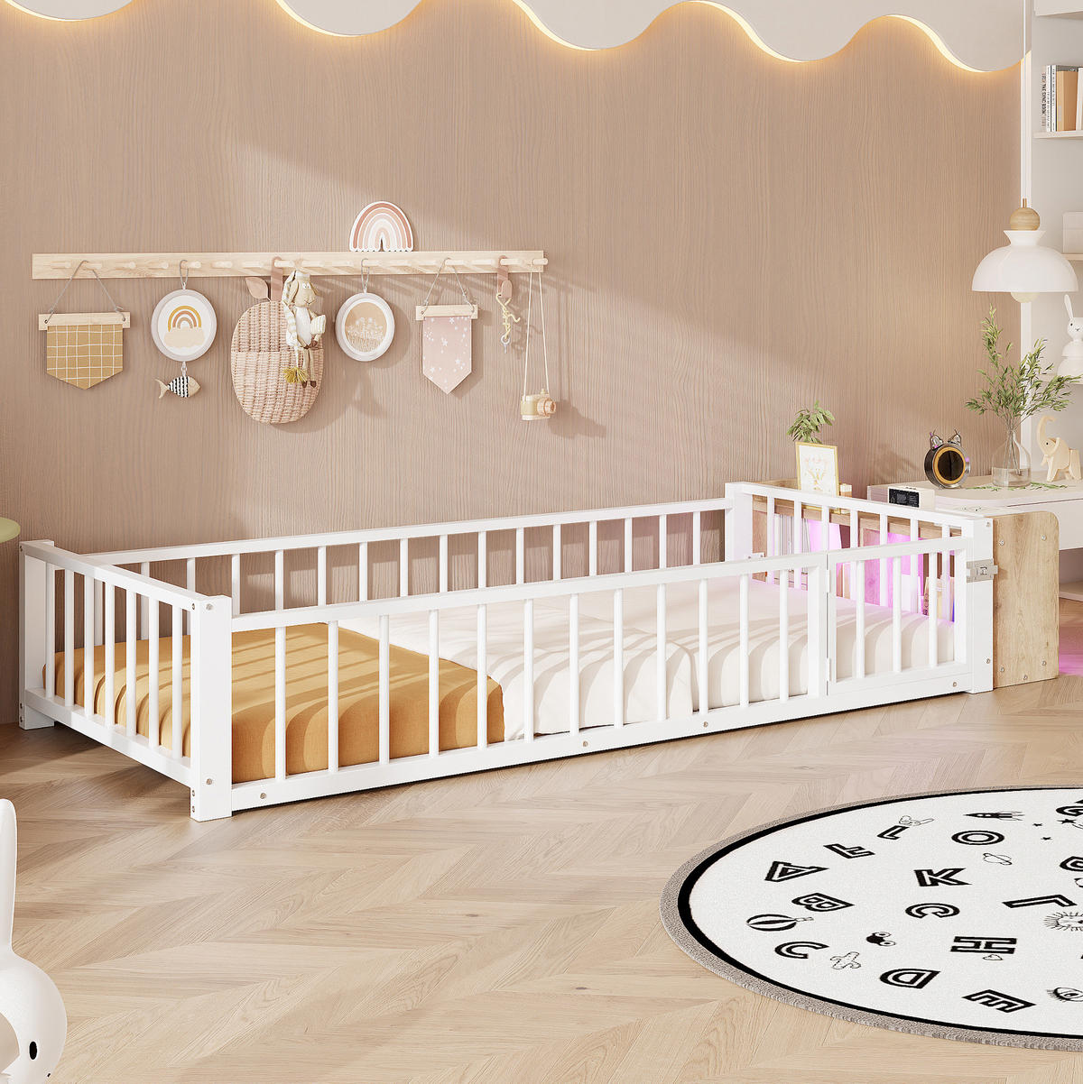 KINDERBETT 90/200 cm in Weiß mit Schutzgeländer, LED-Beleuchtung und Staufach - Weiß, Holzwerkstoff (90/200cm) - BEAOK