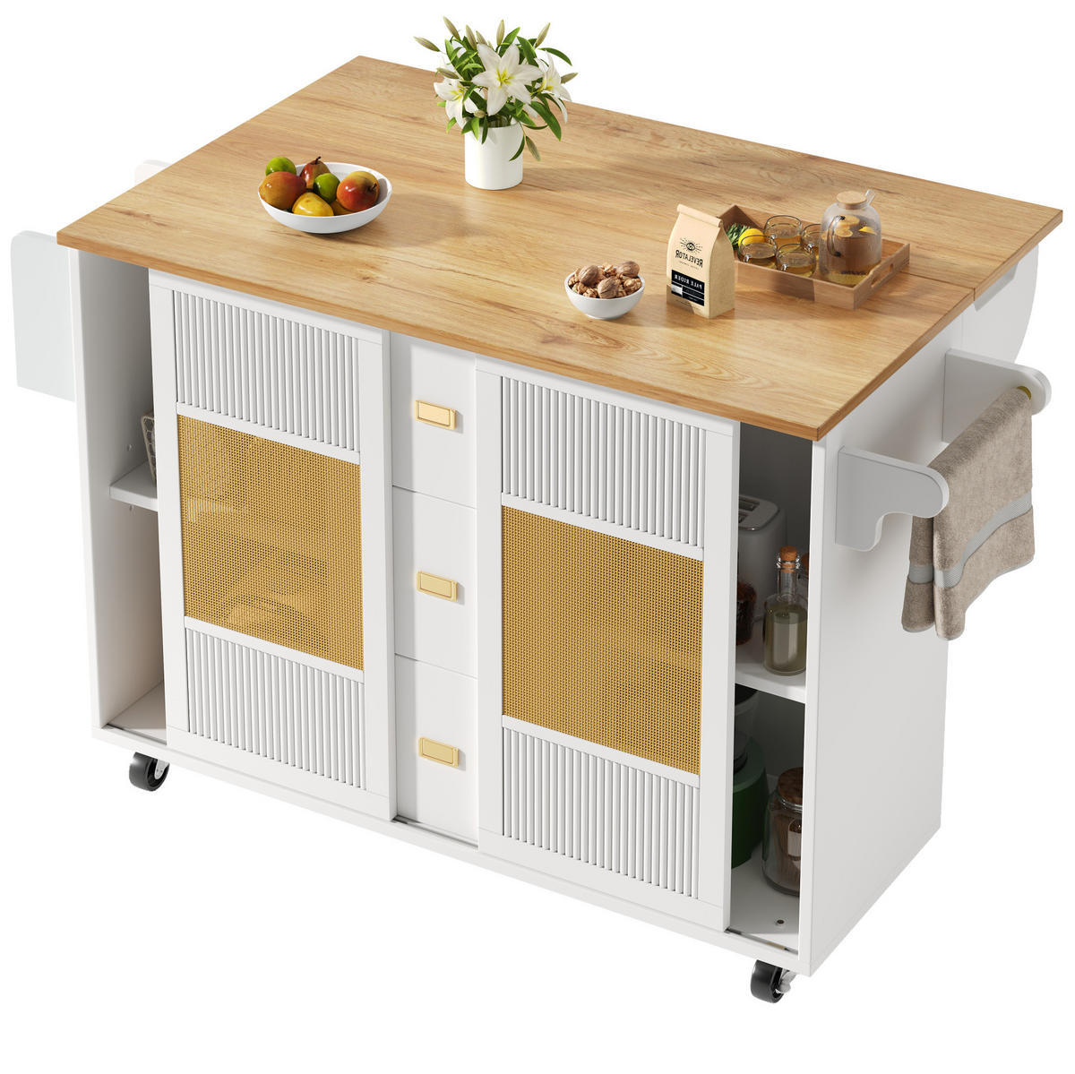 KÜCHENINSEL 146,85/70/90 cm in Weiß mit Klapptisch und Rollen - Weiß, Holzwerkstoff (146.85/90/70cm) - Flora Grace